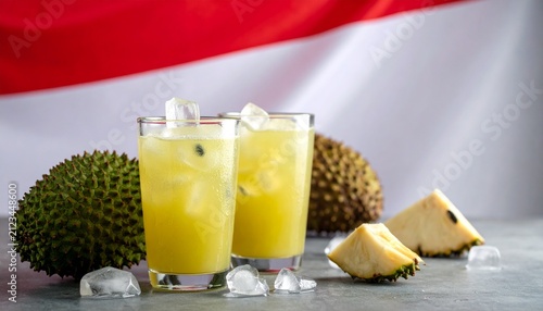 Two Glasses of Fresh Es Sirsak Indonesian Soursop Drink with Ripe Fruit and Ice Cubes