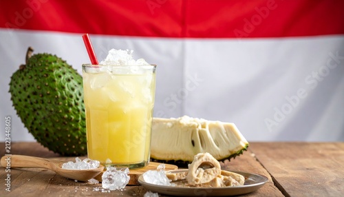 A refreshing tropical fruit drink with soursop, ice, and traditional Indonesian snacks against a national flag background