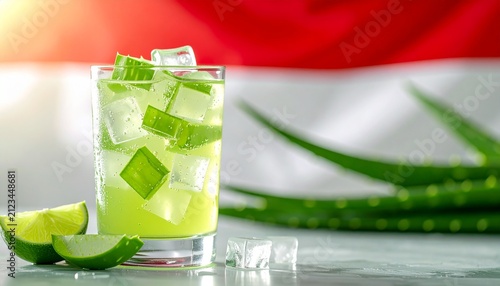 Refreshing glass of iced aloe vera drink with lime and ice cubes, healthy summer beverage