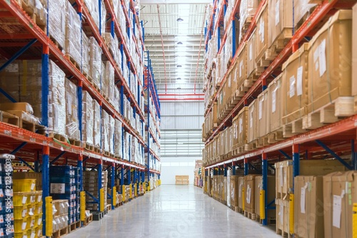 Photography Industrial warehouse storage racks filled with cardboard boxes warehouse logisti