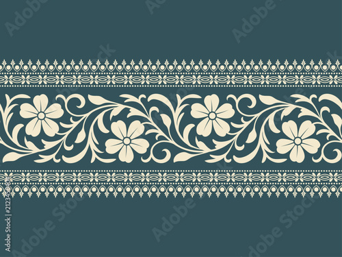 Elegant floral border pattern featuring classic flowers, ornate leaves, and decorative lace trims on a dark background. Great for textile and frame design.