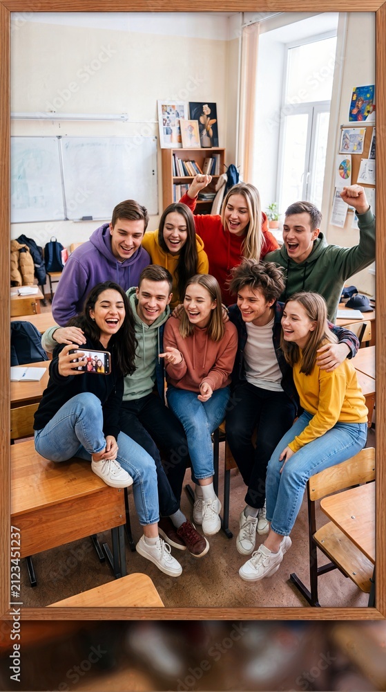 Fototapeta premium Lifestyle group photo of friends in a school classroom. Students laughing, sitting on desks, taking selfies, chatting, hugging. Candid and natural moments, authentic emotions, joyful atmosphere.