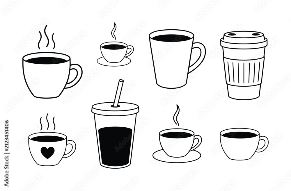 Obraz premium 手描きのコーヒーカップと飲料容器のコレクション