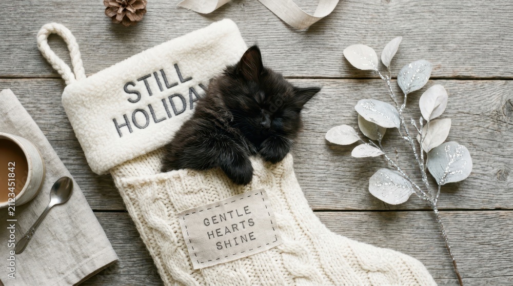Fototapeta premium Adorable black kitten sleeping inside a white knitted Christmas stocking on a rustic wooden surface with silver leaves and coffee, perfect for festive holiday cards, winter themes, and cute pet