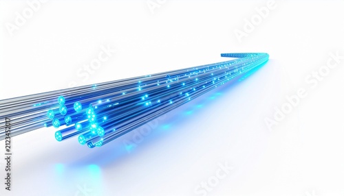 A futuristic technology concept featuring a glowing blue diagonal line representing data transmission via fiber optic cables against a white background.