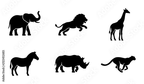 Canvas Print African Wildlife Silhouettes: Elephant, Lion, Giraffe, Zebra, Rhino, Cheetah Vec