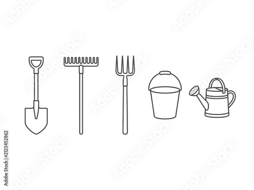 Collection of garden tools and watering can line art icons
