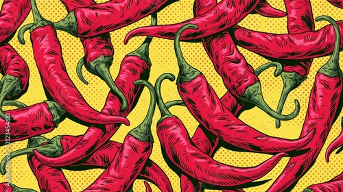 Numerous bright red chili peppers are artfully arranged on a yellow polka dot background.