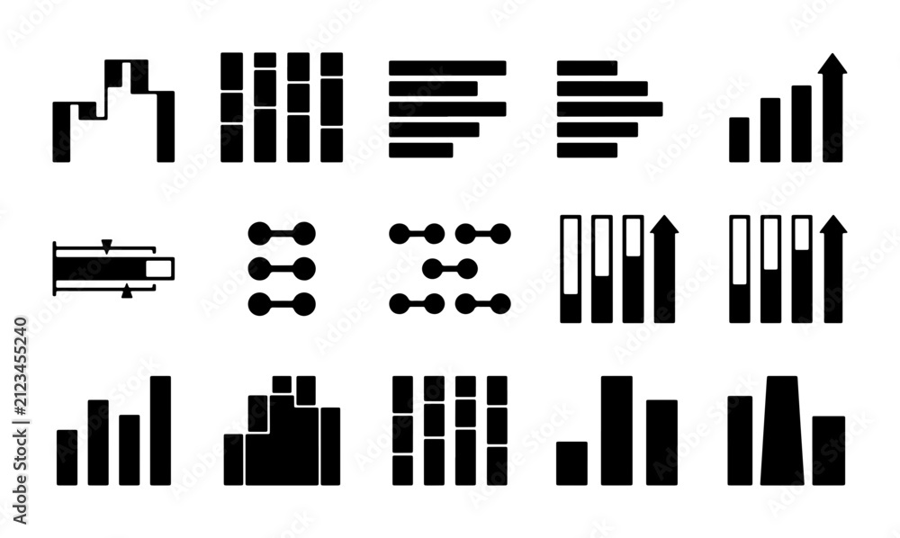 Obraz premium Modern Data Visualization Icons, Business Growth Charts, Analytics Bar Graphs, Vector Set for Reports and Presentations