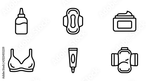 Hygiene and Personal Care Icons Set: Feminine Pads, Bra, Cream Jars, Dropper Bottle, Tube - Vector Graphics for Health and Wellness