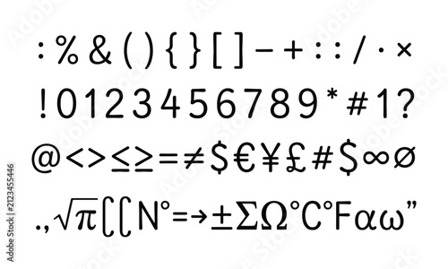 さまざまな数学記号、数字、句読点のコレクション
