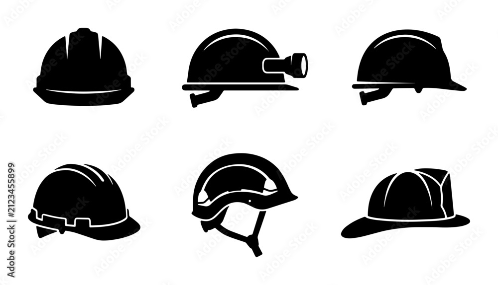 Fototapeta premium Safety Helmets Collection: Hard Hat Icons, Construction Caps, Mining Headgear, Protective Gear Vector Set