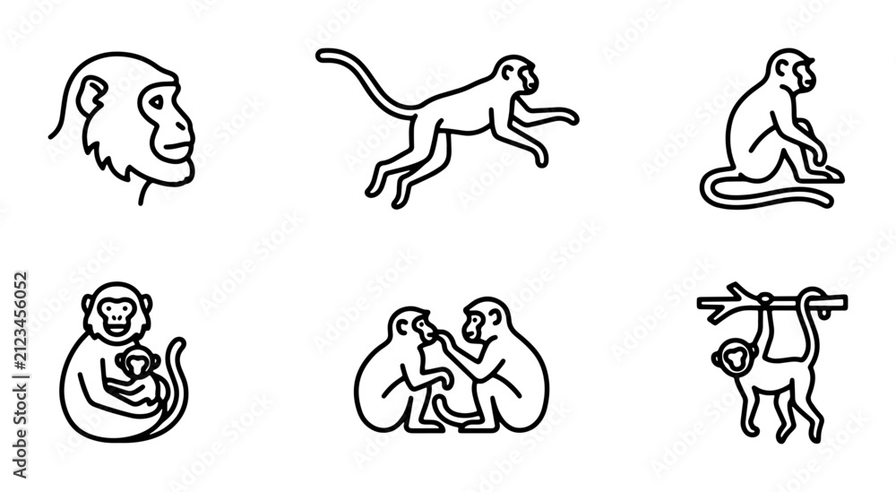 Fototapeta premium Monkey Icon Set, Primate Vector Graphics, Simian Line Art Collection, Cute Animal Illustrations for Nature and Wildlife Projects