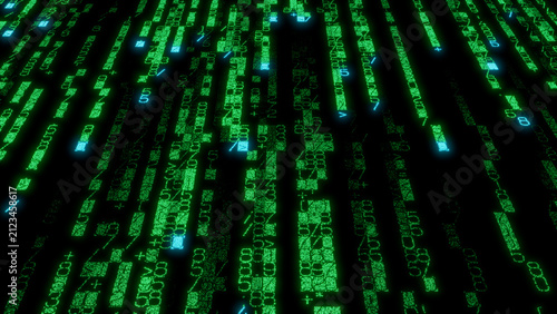 Vivid Mosaic of Bright Green and Blue Binary Code Characters on Black Background - Abstract Digital Artwork for Technology, Data Science, and Cybersecurity Visuals