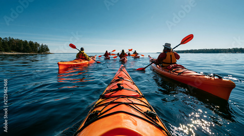 Group of kayakers paddling orange kayaks on a calm sea during a sunny coastal tour