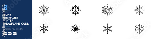 Eight Snowflake Icons, Minimalist Winter Design Set with Varying Shapes and Sizes. Decorative Elements for Seasonal Illustrations.