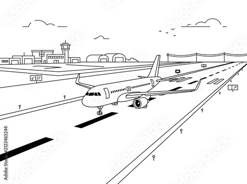Airplane taxiing on runway at airport terminal buildings in background