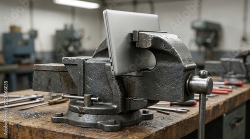 A silver laptop clamped securely inside a heavy metal bench vise on a wooden workshop table Computer repair 