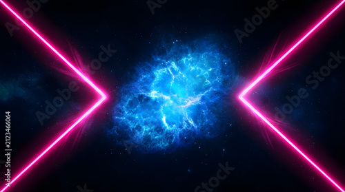 Pink neon beams framing blue cosmic nebula.