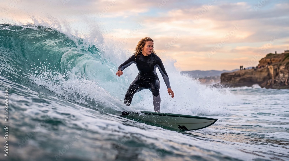 Fototapeta premium Surfer rides an ocean wave on a surfboard wearing a wetsuit during sunset.