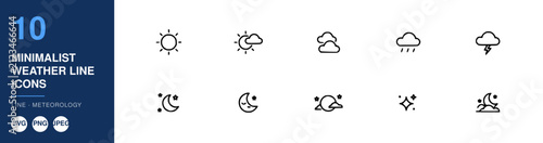 Weather Icons Set with Minimalist Design, Featuring Sun, Cloud, Rain, and Snow Symbols. Simple Line Art Icons for Weather Forecasting and Climate