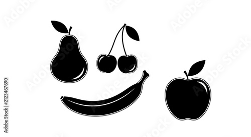 Quadro su tela Black silhouettes of smiling fruit with apple arranged resemble smiling face whi