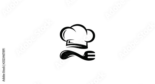Black chef hat and fork logo on white background with cooking utensil restaurant kitchen cuisine symbol food icon