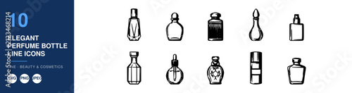Perfume Bottles Line Icons Set with Elegant Design. Minimalist Vector Illustrations for Beauty and Cosmetics Concepts.