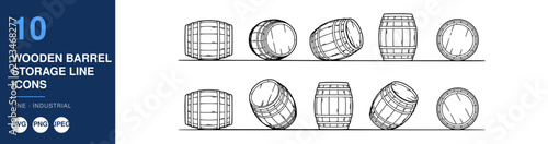 Wooden Barrels, a Collection of Storage Icons in Varying Sizes and Perspectives, Presented as a Line Art Illustration.