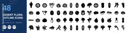 Desert Flora Outline Icons, a Collection of Monochrome Botanical Illustrations. Detailed Plant Silhouettes for Design and Decorative Elements.