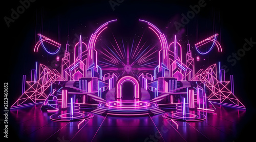 Pink neon futuristic city skyline stage with geometric shapes.