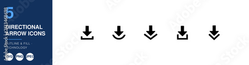 Directional Arrow Icons Set with Download Symbols and Varying Arrow Styles. Modern Minimalist Design Elements for User Interface and Web