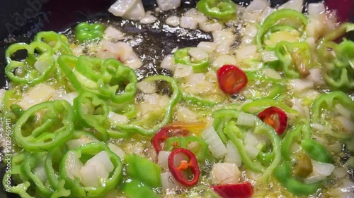 Close-up of fresh colorful vegetables being sauteed in a hot pan, featuring diced potatoes, carrots, green peppers, and red chili peppers being stirred with a spatula. Perfect for cooking tutorials, h