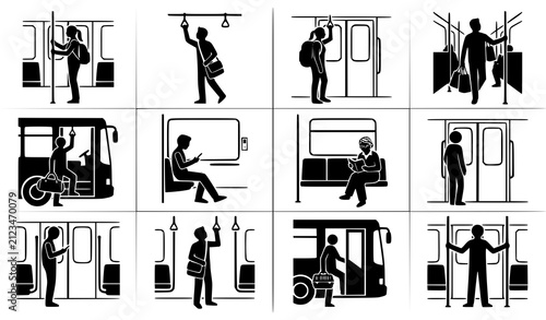 Public Transport Passenger Standing Silhouette Collection Vector