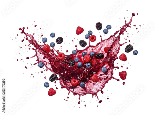 Berry juice splash with floating fresh fruits. Dynamic fruit cocktail explosion on white.