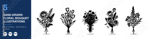 Floral Bouquets Hand-Drawn Illustration Set, Monochrome Botanical Design Elements. Vintage Style Floral Arrangement Concept.