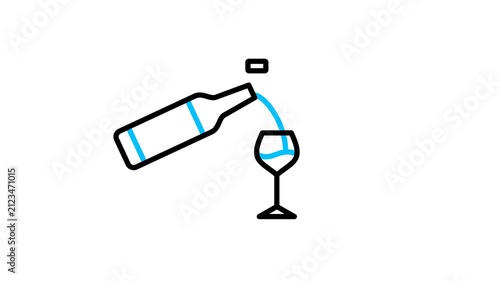 Animated pouring wine beverage icon. Glass and bottle drink animation for bar menu. Alcohol, winery, liquor, cocktail, martini, rum, and vodka drink motion graphics video with alpha channel