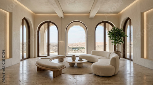 Modern Interior Design: Arched Windows, Minimalist Furniture, Scenic View