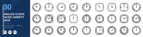 Analog Clocks Faces Variety Pack, a Collection of Monochrome Timekeeping Illustrations. Diverse Clock Designs for Graphic Design Projects.