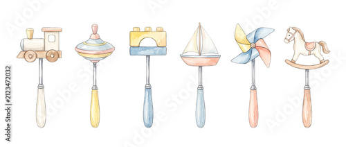 Baby rattle wooden toy watercolor set featuring vintage infant rattles with train, rocking horse, pinwheel, and sailboat designs isolated on white background for nursery decor and baby shower clip art