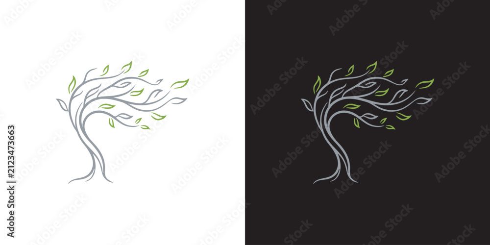 Obraz premium Minimalist stylized tree logo with green leaves blowing in the wind, vector illustration on white and black backgrounds