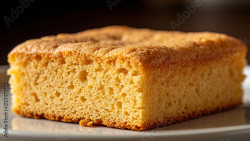 Fresh Fluffy Rectangular Sponge Cake Slice – Soft Golden Biscuit for Bakery Menu, Dessert Photography or Cake Decorating Content