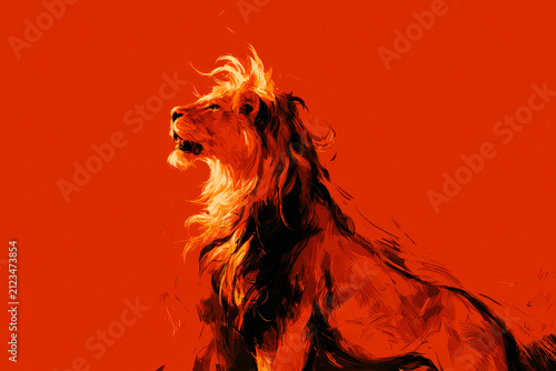 Fiery Lion Illustration on Orange Background. Generative AI