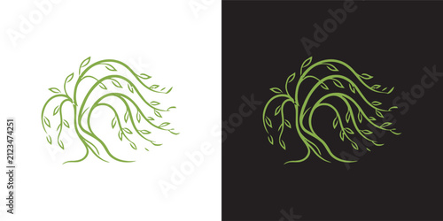Green tree logo illustration with flowing branches and leaves on contrasting backgrounds
