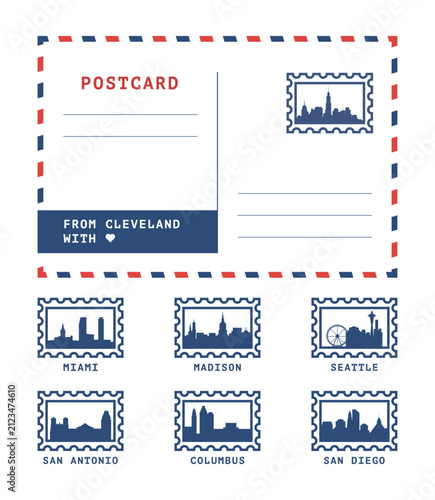 America cities postcard templates set with postal stamps and landmarks of Cleveland, Miami, Madison, Seattle, San Antonio, Columbus, San Diego. Clean vector mock up, postal card constructor