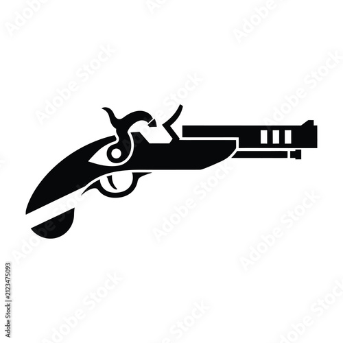 Vintage flintlock pistol silhouette icon isolated on white background for design