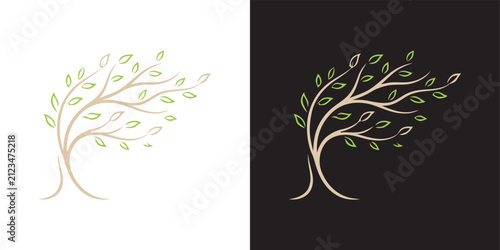 Elegant Minimalist Stylized Tree Logo with Golden Branches and Green Leaves representing Growth and Nature