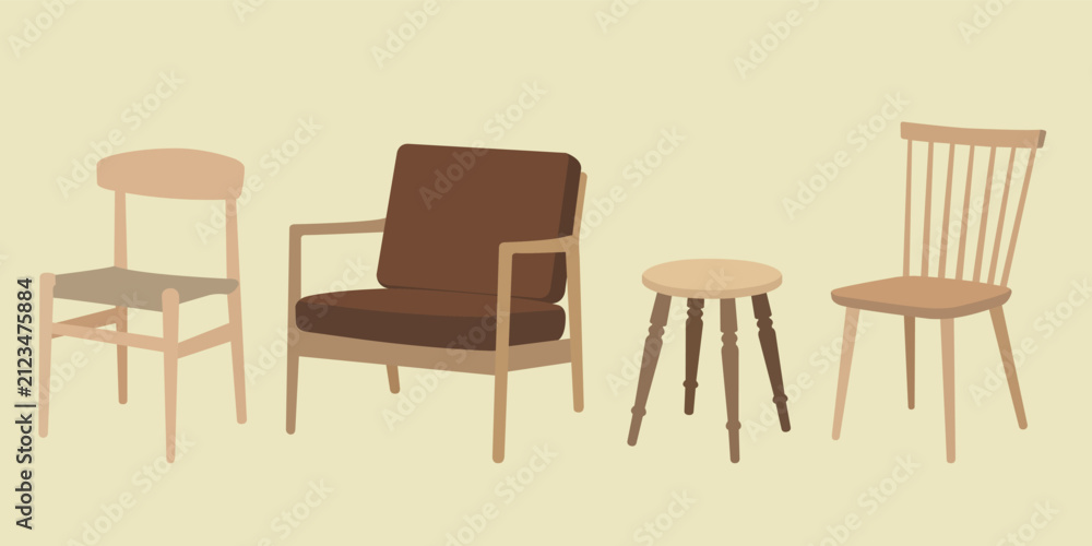 Obraz premium Minimalist flat vector set of four stylish chairs for home and office