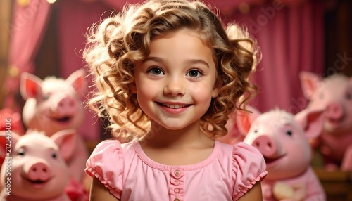 Young girl smiling amongst pink pigs. Happy scene. Studio setting
