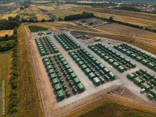 Canvas Print Aerial view close up of green lithium ion phosphate BESS battery units for grid